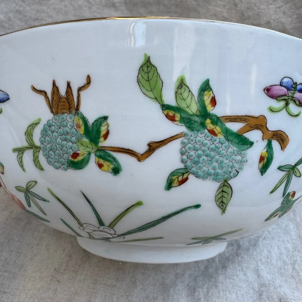 Vintage 70s Hong Kong Porcelain Bowl 60s Famille Rose Grasshopper Floral 9in